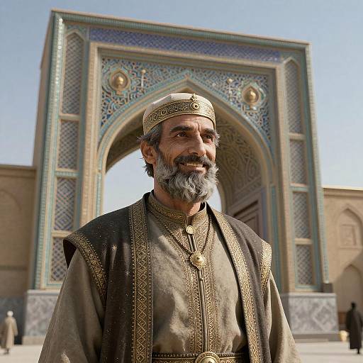 Middle Eastern Elder in Traditional Clothing at Ornate Gate