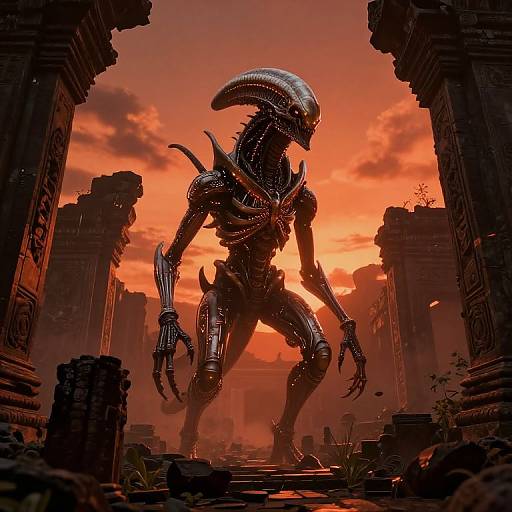 Biotech Creature in Ancient Ruins