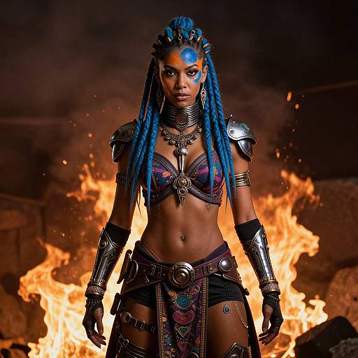 Photograph of a fierce, blue-haired warrior woman with dark skin, intricate armor, and tribal accessories, standing in front of a roaring fire.