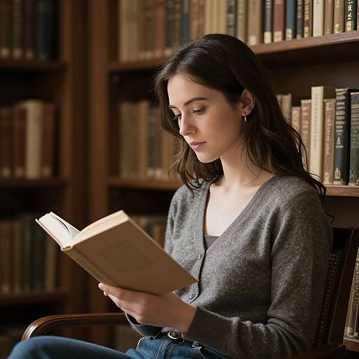 Photograph of a young woman with long brown hair, wearing a gray cardigan, reading a book in a dimly lit library.