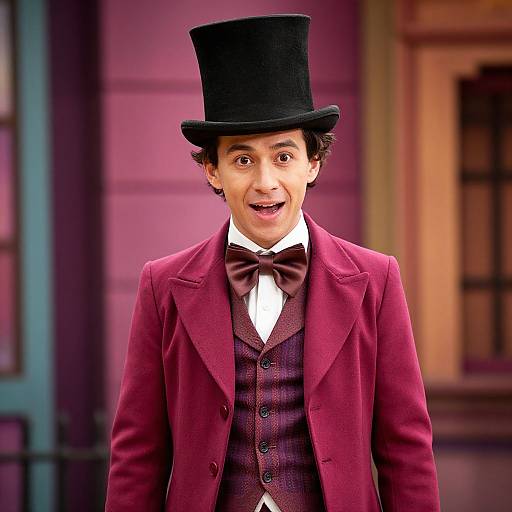 Photograph of a young man with curly hair, wearing a black top hat, burgundy coat, brown vest, and bow tie, smiling against a