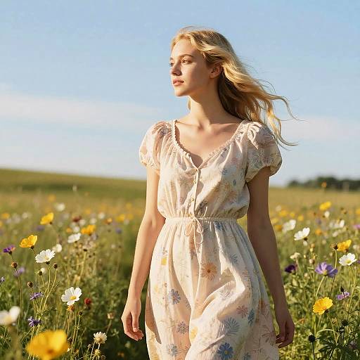 Blonde woman in floral dress walks through sunlit meadow of wildflowers, eyes closed, gentle breeze in her hair, clear blue sky. Photograph