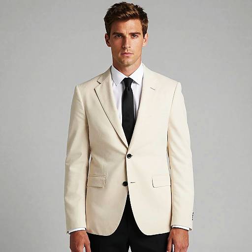 Photograph of a handsome, serious-looking man with short brown hair, wearing a cream blazer, white shirt, black tie, and black pants,