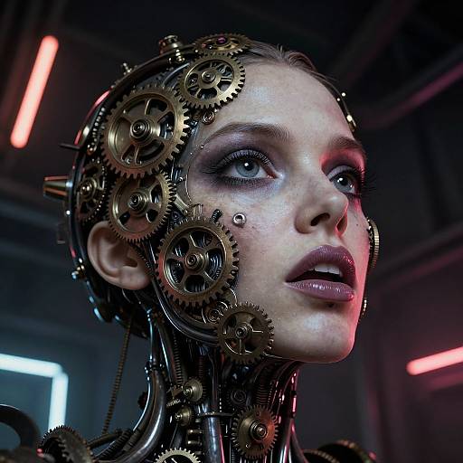 Cyberpunk-style CGI portrait of a pale-skinned woman with blue eyes, wearing intricate brass gears and mechanical parts on her head and neck, set