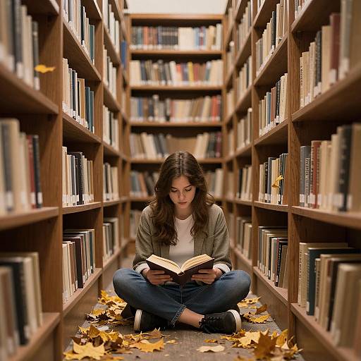 Photograph of a young woman with long brown hair, wearing a green jacket and blue jeans, sitting cross-legged in a library aisle, reading a book