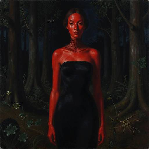 Photograph-style digital artwork of a red-skinned woman with dark hair, wearing a black strapless dress, standing in a dark, dense forest with