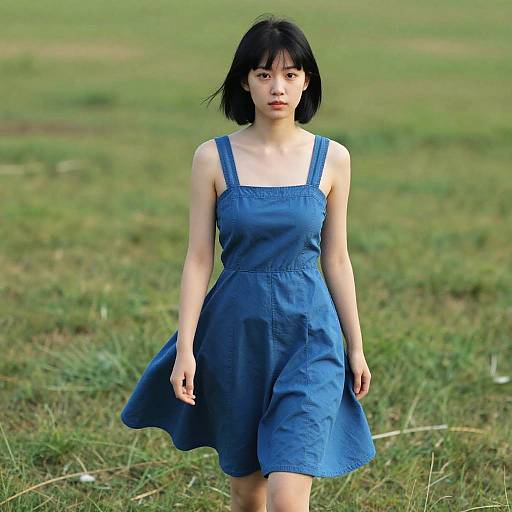 Photograph of an Asian woman with short black hair, wearing a blue sleeveless dress, standing in a grassy field, with a calm, slightly