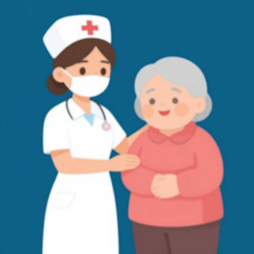 Digital cartoon of a young female nurse in white uniform and cap, with red cross, holding hands with an elderly woman in pink shirt, against a blue