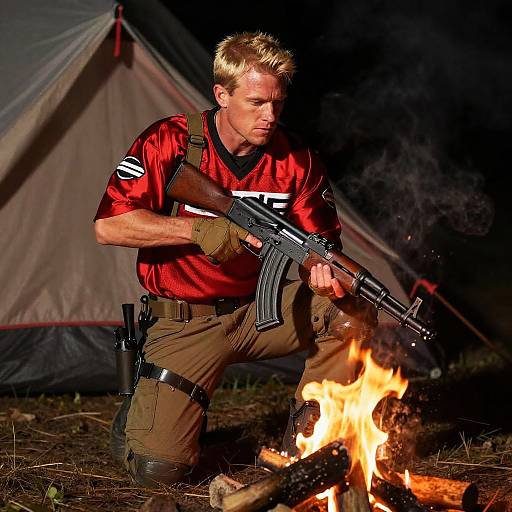 Photograph of a blond, muscular man in a red football jersey and brown pants, kneeling by a campfire, holding a rifle in a nighttime camp