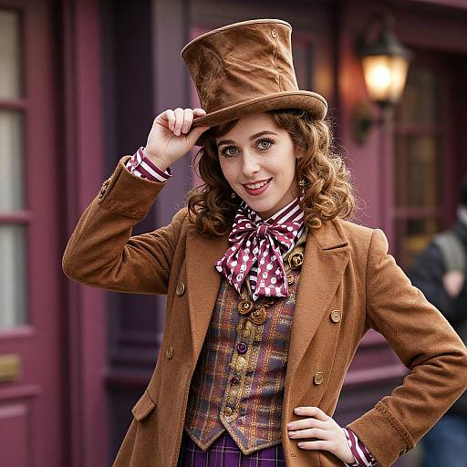 Photograph of a smiling woman with curly brown hair, wearing a brown top hat, brown coat, plaid vest, and checkered shirt, standing
