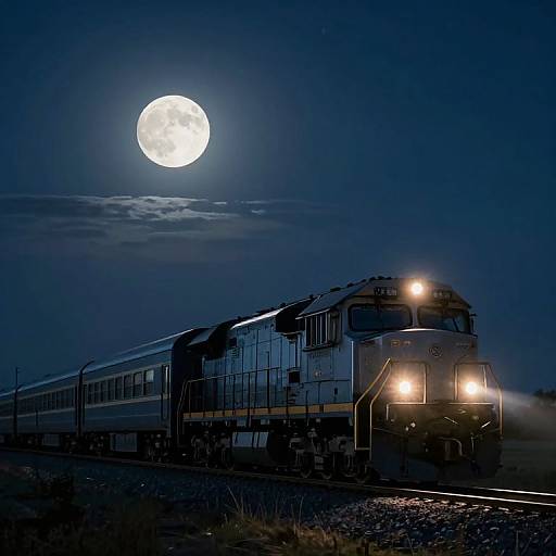 Photograph of a blue and yellow train under a bright full moon in a dark, night sky, with headlights illuminating the tracks.