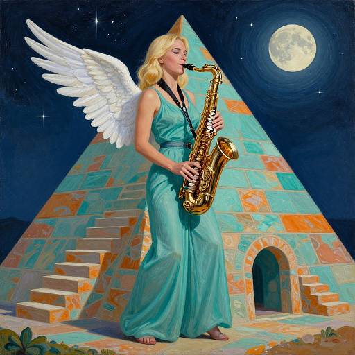 Digital painting of a blonde angelic woman with white wings, playing a golden saxophone in front of a colorful pyramid under a full moon.