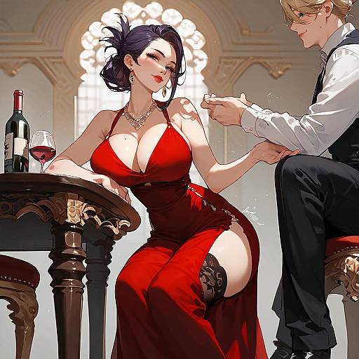 Purple-Eyed Woman in Red Dress