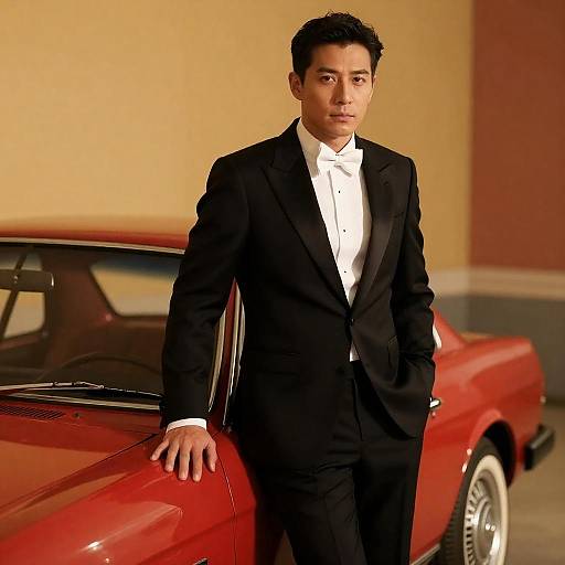 Elegant Man Beside Vintage Red Car