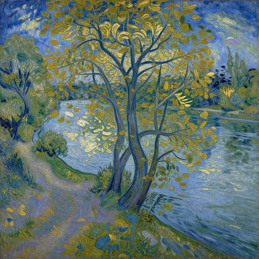 Post-impressionist painting of a tree with yellow leaves beside a reflective blue pond, featuring vibrant colors and swirling brushstrokes.