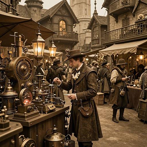 Victorian-era market scene: bearded man in dark coat and hat examines antique brass lanterns and clockwork devices, surrounded by bustling, warmly lit