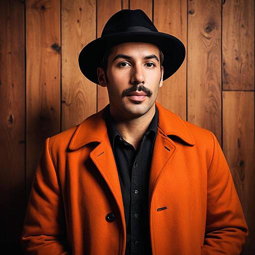 Man in Black Hat and Orange Coat Portrait