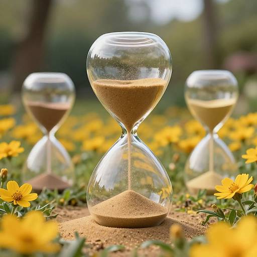 Photograph of three glass hourglasses with sand flowing, set in a vibrant field of yellow daisies, sunlight filtering through trees in the blurred