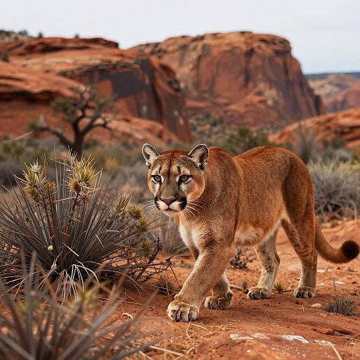 Photograph of a vigilant cougar with tawny fur and piercing eyes, walking through a rocky, arid desert landscape with red sandstone formations and
