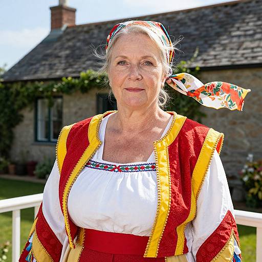 Photograph of an elderly white woman with gray hair, wearing traditional folk dress with red, yellow, and white embroidery, and a floral headscarf