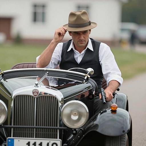 Vintage Car Driver with Fedora and Gun