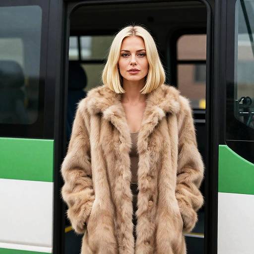 Blonde Woman in Tan Fur by Bus