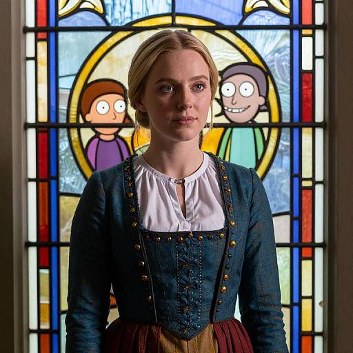 Photograph of a blonde woman with fair skin, wearing a blue corset dress with gold buttons, white blouse, and brown skirt, standing in front