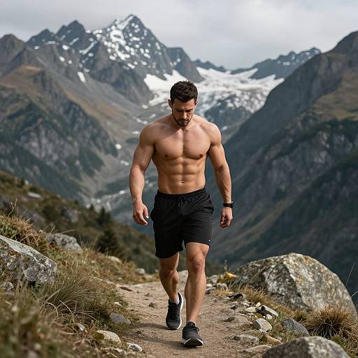 Photograph of a muscular, shirtless man with short dark hair and black shorts running on a mountain trail, surrounded by rugged peaks and snow-capped