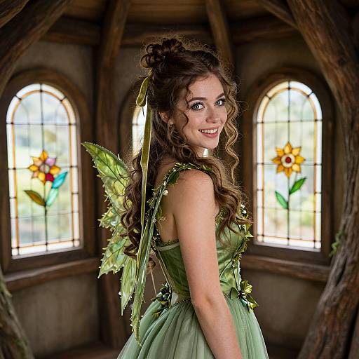 Photograph of a smiling, curly-haired woman with green fairy wings and dress, standing in a rustic, wooden room with arched windows.