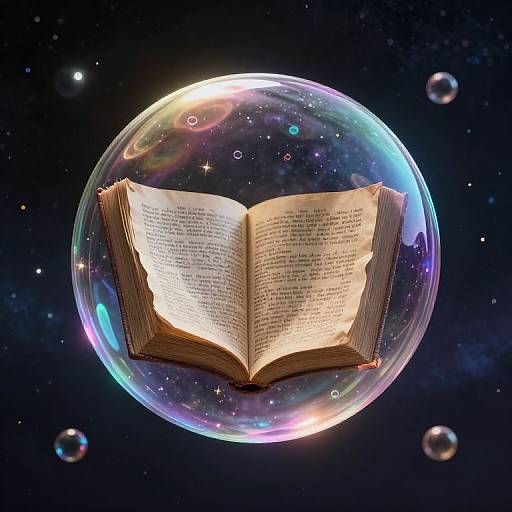 Digital illustration of an open book floating inside a glowing, iridescent bubble in a starry, cosmic background.