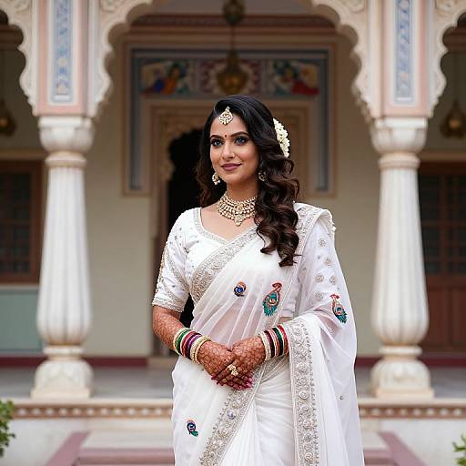 Photograph of a beautiful Indian woman with long black hair, wearing a white embroidered saree, gold jewelry, and red bangles, standing in a