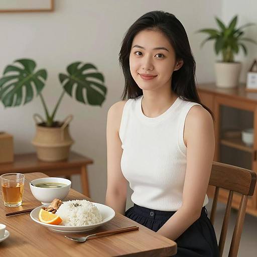 Asian Woman Enjoying a Meal at Home
