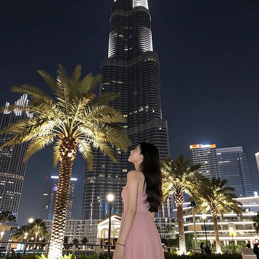 Woman in Pink Dress Near Illuminated Palm Trees at Night