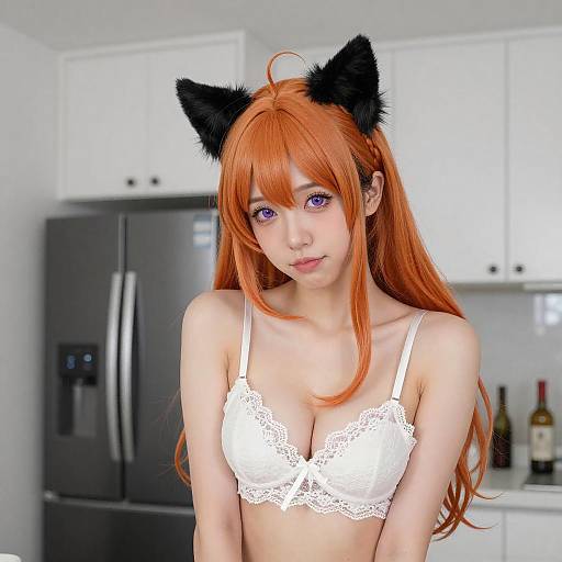 Playful Woman with Cat Ears in Kitchen