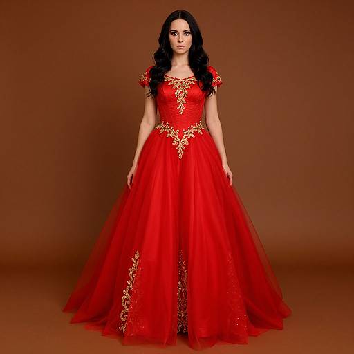 Photograph of a woman with long black hair wearing a vibrant red, full-length, lace-embellished ball gown with gold detailing, standing against