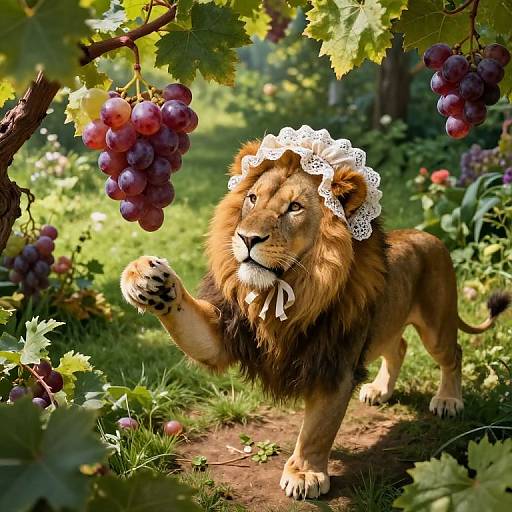 Photorealistic image of a majestic lion wearing a white lace bonnet, reaching for a cluster of ripe purple grapes in a lush vineyard.