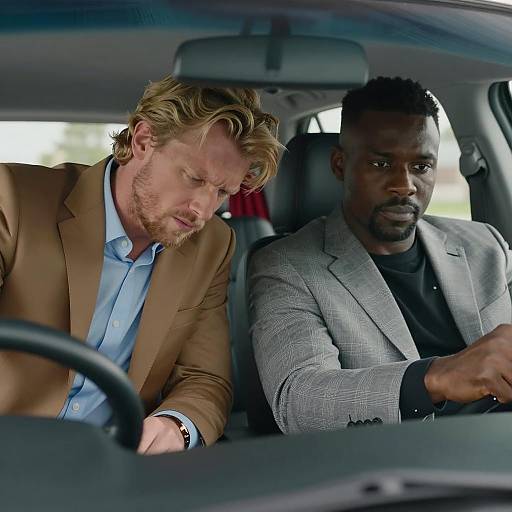 Two Men in a Stressed Car Scene