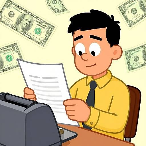 Cartoon man in yellow shirt and black tie, reading paper at computer, surrounded by floating dollar bills. Digital illustration.