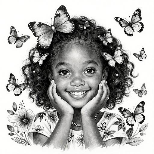 Smiling Black Girl with Butterflies and Floral Patterns
