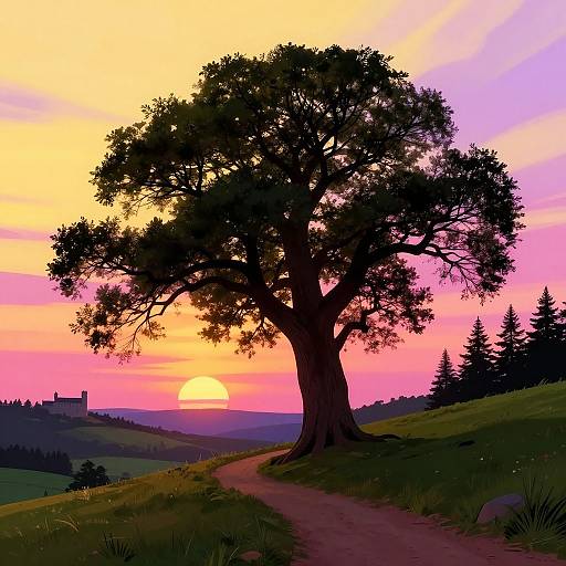 Ancient Tree at Sunset Hillside