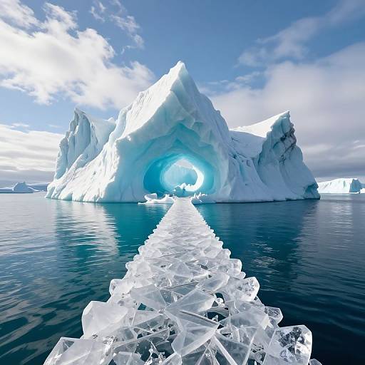 Photograph of a towering, white iceberg with a glowing blue cave entrance, surrounded by calm, reflective blue ocean water. Foreground ice chunks lead to
