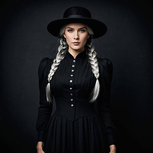Elegant woman in black dress with braided silver hair