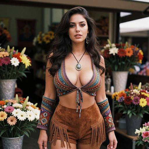 Photograph of a dark-haired woman with large breasts, wearing a colorful, patterned, deep-cut crop top and brown fringed shorts, standing in