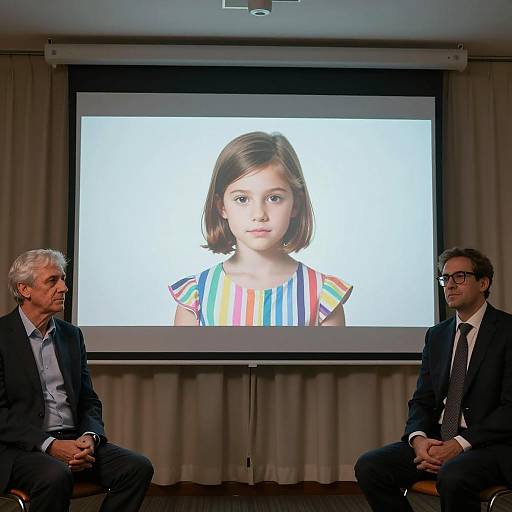 Businessmen Sitting Beside Projected Portrait of Young Girl