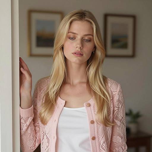 Blonde Woman in Pink Lace Cardigan Near Door Frame