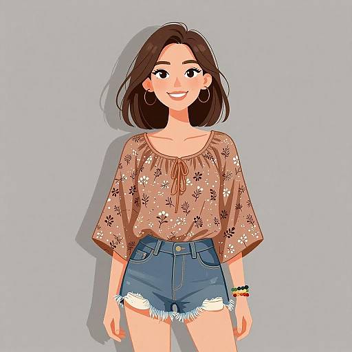 Digital illustration of a smiling woman with brown hair, wearing a floral blouse and high-waisted denim shorts, against a light gray background.