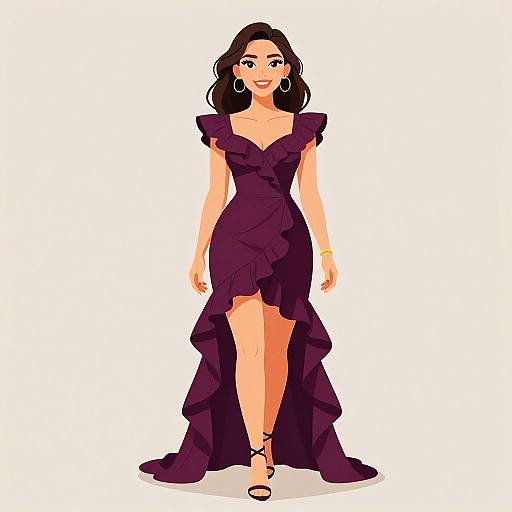 Digital illustration of a smiling woman with long black hair, wearing a ruffled, deep purple, asymmetrical evening gown, black high heels, and hoop