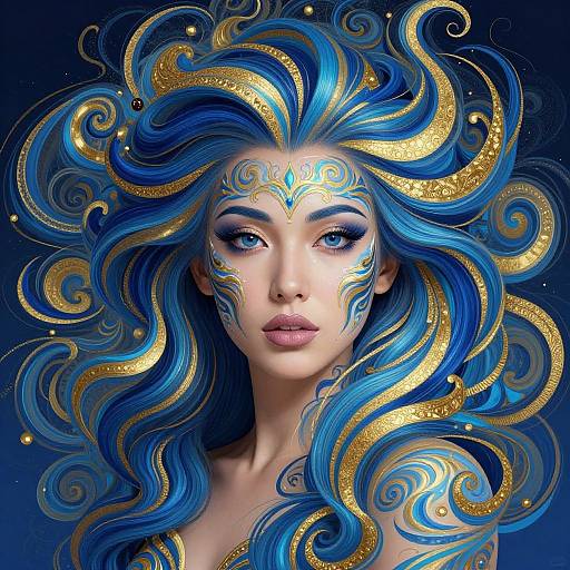 Digital artwork of a woman with vibrant blue and gold flowing hair, intricate face paint, and mesmerizing blue eyes, set against a dark blue background.