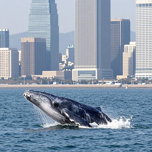 Colossal Whale Breaching Urban Skyline