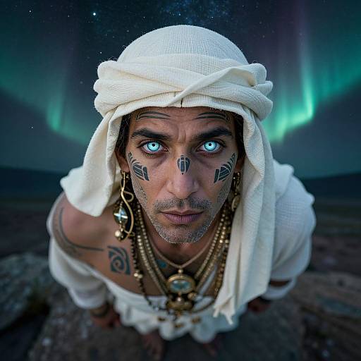 Photograph of a man with glowing blue eyes, tribal face paint, white headwrap, and jewelry, under a northern lights sky.